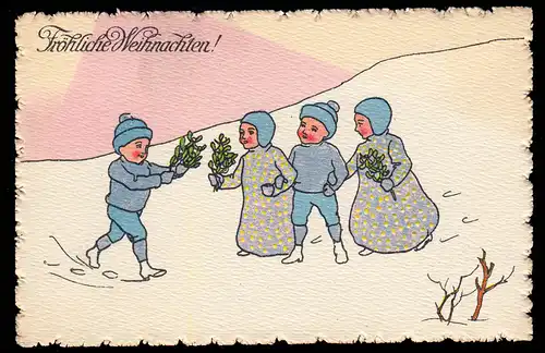 AK Noël: Rencontre d'enfants avec des branches de sapin en hiver, inutilisé