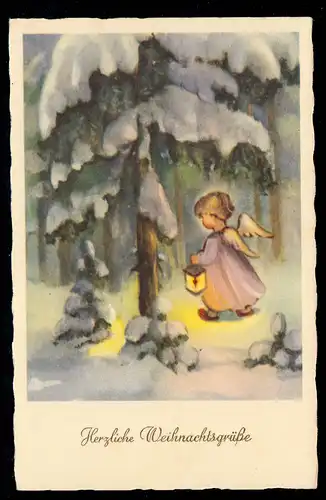 AK Weihnachten: Winterbild - Engel mit Lampe im Wald, ungebraucht um 1946/48