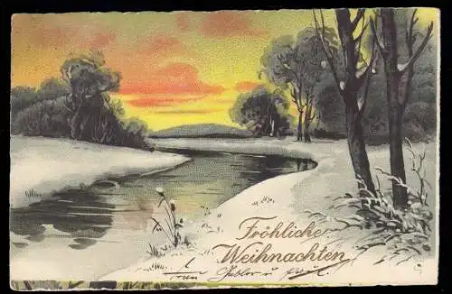 AK Weihnachten: Flusslandschaft bei Sonnenuntergang im Winter, KÖLN 23.12.1927