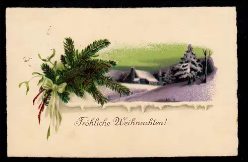 AK Noël: Paysage hivernal avec des branches de sapin de la maison de pin, DUISBURG 23.12.1928