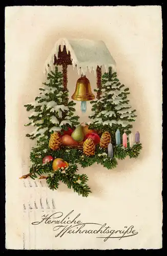 AK Noël: cloche et bûches décorées Bougies de fruits MUNICH 23.12.27