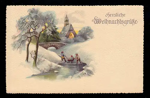 AK Weihnachten: Winterlandschaft Kinder spielen auf dem Eis, ungebraucht