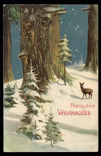 AK Noël: Waldidylle avec chêne et chevreuil en hiver, DUISBURG 22.12.1906