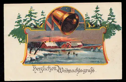 AK Weihnachten: Dorfidylle - Zugefrorener Fluß mit Glocke, NORDHAUSEN 22.12.1032