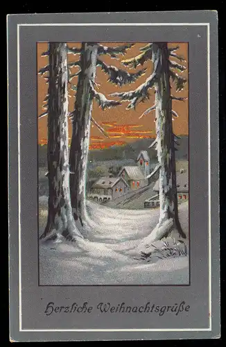 AK Weihnachten: Winterlandschaft mit Dorf und Kirche bei Nacht, ungebraucht