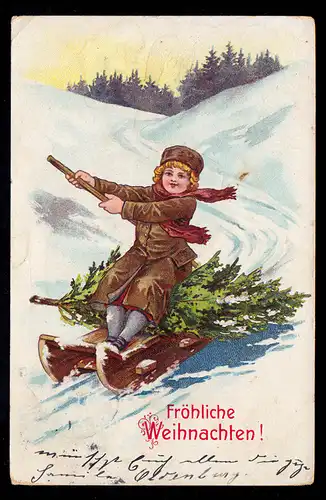 AK Noël: transport des arbres de Noël - Fille avec traîneau HIENS 24.12.1912