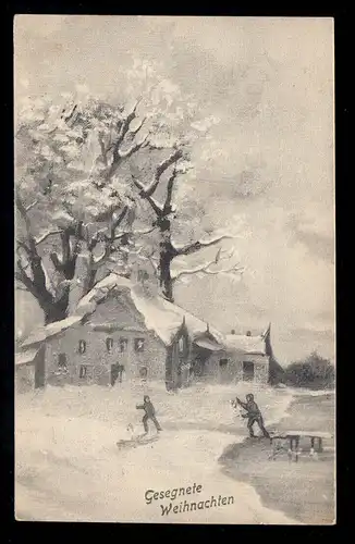 AK Weihnachten: Winterbild Dorfidylle mit Schlittschuhläuferen, WIEN 24.12.1916 