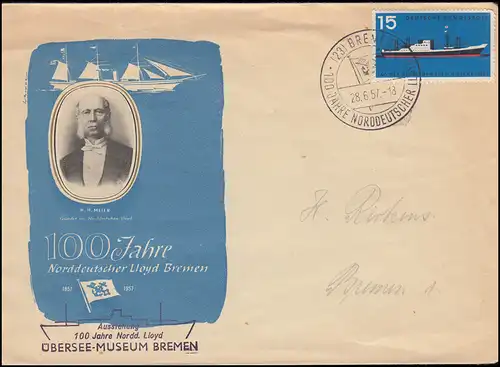 257 Marine maritime sur lettre de bijoux SSt BREMEN 100 ans Norddt. Lloyd 28.6.57