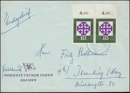 314 Evangelischer Kirchentag OR-Paar als MeF auf FDC ET-O BREMEN 12.8.1959