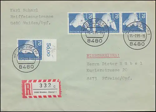 852 IuT Schiffbau OR-Stück und senkr. Dreierstreifen MeF R-Brief WEIDEN 17.5.85