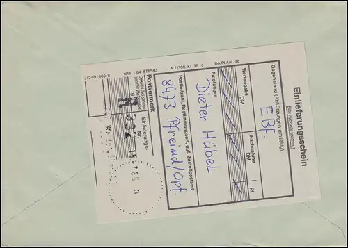 852 IuT Schiffbau OR-Stück und senkr. Dreierstreifen MeF R-Brief WEIDEN 17.5.85