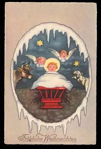 AK Noël: Christ au lit avec des anges bœuf brebis, inutilisé