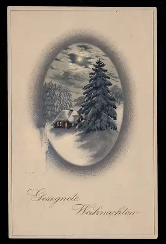 AK Noël: paysage d'hiver en ovale avec sapin maison pleine lune, non utilisé