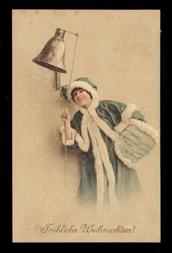 AK Weihnachten: Lächelnde Frau im Pelzmantel läutet Glocke, HAGEN 24.12.1915