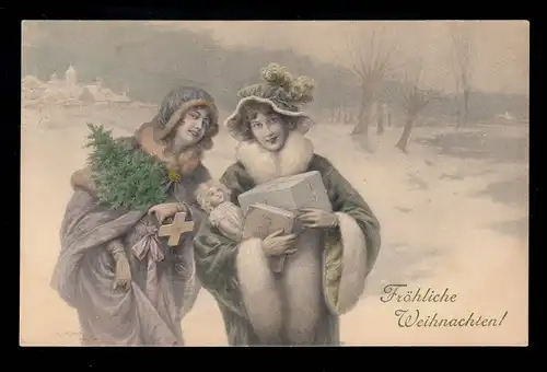 AK Noël: Deux femmes souriantes dans des manteaux, cadeaux NÜRNBERG