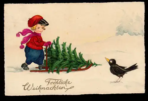AK Noël: enfant avec traîneau sapin Rabe, ELLWANGEN 23.12.1930