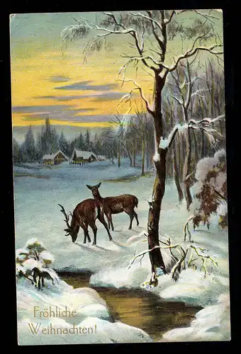 AK Weihnachten: Winterlandschaft Waldrand mit Hirschen, MEHLEN 23.12.1911