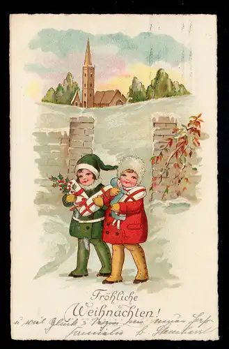 AK Noël: Deux filles avec poupée et cadeaux, MÜNTER 24.12.1930