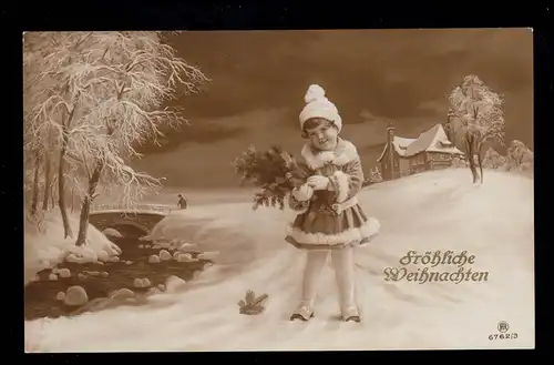 AK Weihnachten: Lächelndes Mädchen Tannenzweige Winterlandschaft, GEMÜNDEN/MAIN