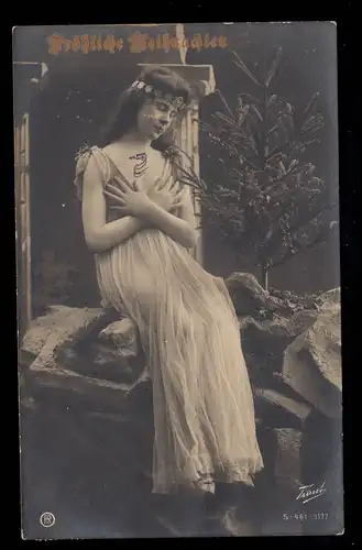 Photo AK Noël: Fille rêveuse sur le mur, WANGERODE 22.12.1910