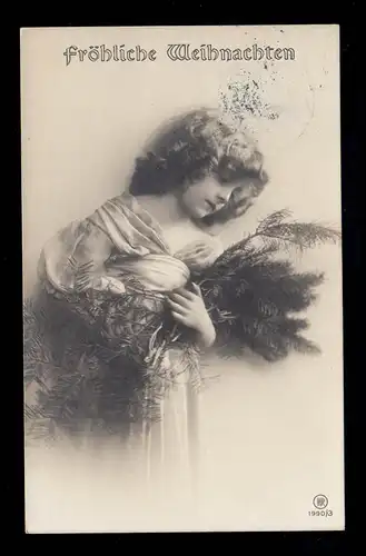 Photo AK Noël: Fille avec des branches de sapin, VIENNE 24.12.1909