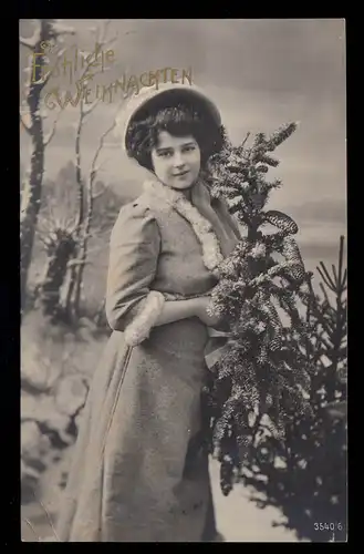 AK Weihnachten: junge Frau mit Zweigen, Winterlandschaft, LUDWIGSHAFEN 23.12.08