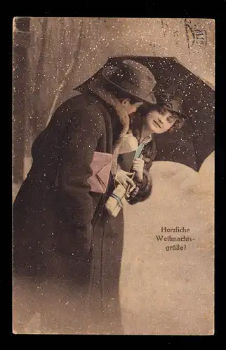 AK Weihnachten: Liebespaar unter Regenschirm mit Geschenke, MÖDLING 1927