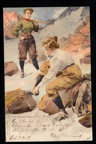 AK Artiste sur les chemins de glace - Deux femmes dans les montagnes, BERLIN 54 - 8.7.1902