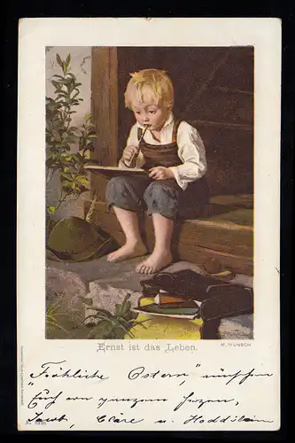 Künstler-AK M. Wunsch: Ernst des Lebens Junge beim Lernen LINDAU / BODENSEE 1901