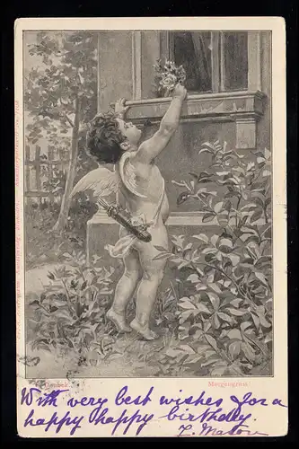 AK artiste Franz Doubek: Salut du matin - Amor am Fenêtre, MILAN 22.11.1909