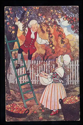 AK Artiste J. Peu: Automne - Enfants à la récolte des pommes, écrit 23.7.1917