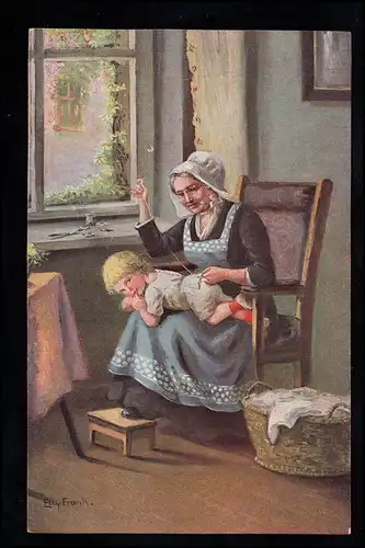 Künstler-AK E. Frank: Die zerissene Hose - Frau stopft Hosenloch, ungebraucht