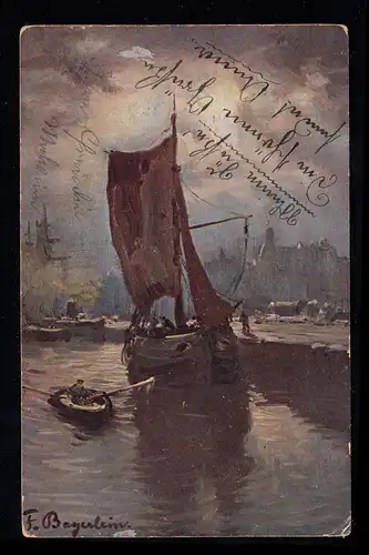 Künstler-AK Fritz Bayerlien: Hafenansicht mit Segelboot, BERLIN 11 - 12.7.1904