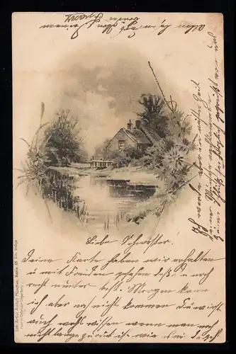 Künstler-AK: Landschaftsbild mit Fluss, DORTMUND 3.10.1903 nach GELSENKIRCHEN