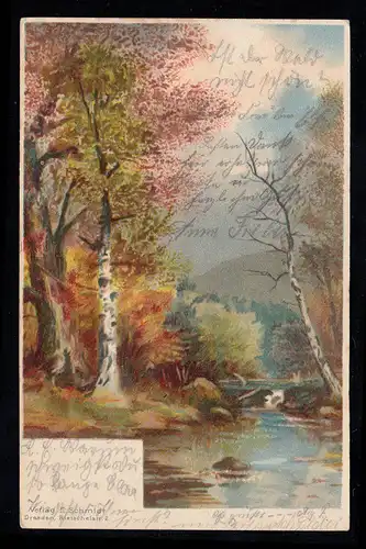 Artiste-AK peinture: paysage d'automne avec rivière, FALKENBERG (OPERSCHLESIE) 1902