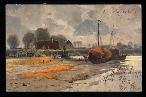 Artiste-AK peinture: Au bord de l'eau à marée basse, SEND 5.4.1904 vers HANNOVER