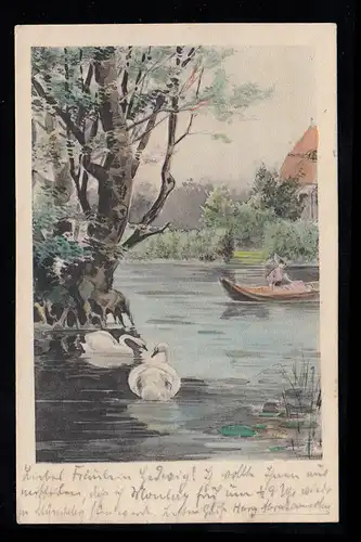 Artiste-AK peinture: Kahnzugartung mit Schwanen, CHARLOTENBURG 13.12.1902