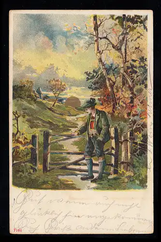 Künstler-AK Gemälde: Landschaftsbild Sonnenaufgang mit Wanderer am Zaun, 28.4.02