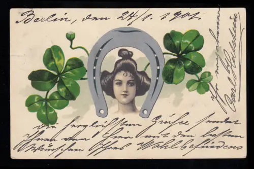AK Neujahr: Frau im Hufeisen mit Glücksklee BERLIN 7 - 24.1.1901 nach INGOLSTADT