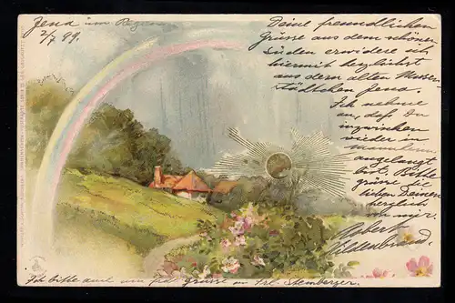 Künstler-AK Gemälde: Landschaft mit Regenbogen und Sonnenaufgang, JENA 4.7.1899