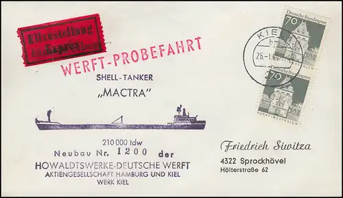 Schiffspost Werft-Probefahrt vom Shell-Dampfer MACTRA, Eilbrief KIEL 26.1.1969
