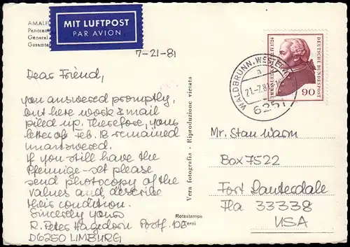 806 Immanuel Kant 90 Pf. REPRÉSENTATION Fluo jaune WALDBRUNN 21.7.81 aux États-Unis