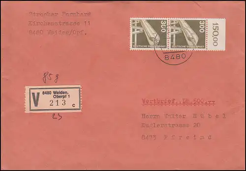 1138 IuT Magnetbahn als senkrechtes OR-Paar auf Wert-Brief WEIDEN 13.8.1985 