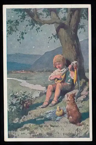 Künstler-AK Karl Feiertag: An die Natur Junge spielt Mandoline AMBERG 20.11.1925