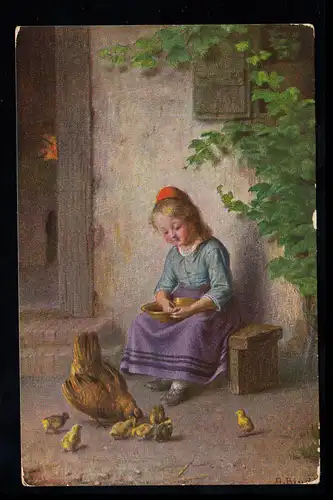 Künstler-AK Mädchen füttert Henne und ihre Küken, ungebraucht