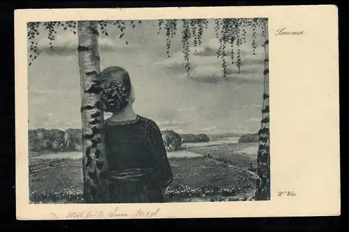 AK W. Voss: Été - Paysage avec femme et bouleau, PASSAU 10.9.1919