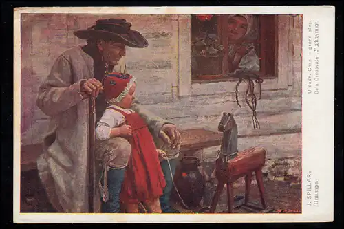 AK J. Spillar: La petite-fille du grand-père avec cheval en bois, Feldpost 1915