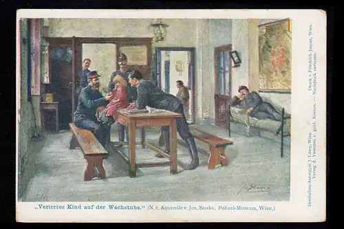 Künstler-AK Josef Straka: Verirrtes Kind auf der Wachstube, Polizei-Museum Wien