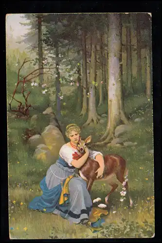 AK Artiste Rudolf Henneberg: femme avec cerf dans la forêt, carte Stengel, inutilisé