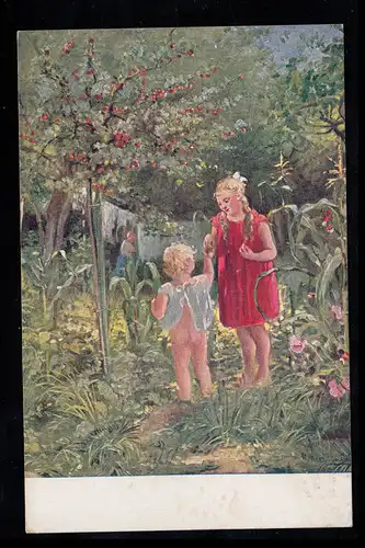 AK Artiste M. Martinkova: En plein air - Les enfants jouent dans le jardin, sans emploi